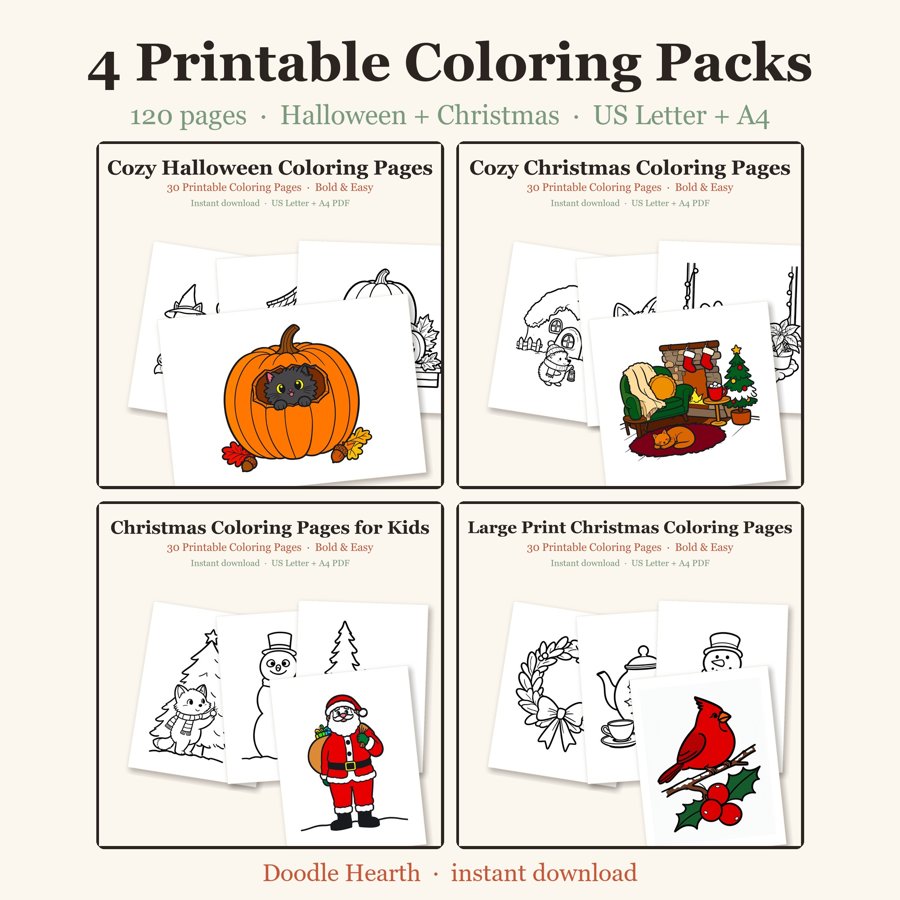 All four Doodle Hearth printable coloring packs