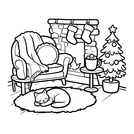 A cozy fireside corner with stockings and a sleeping cat