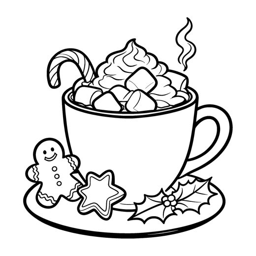 A big mug of hot cocoa with marshmallows, a Christmas coloring page